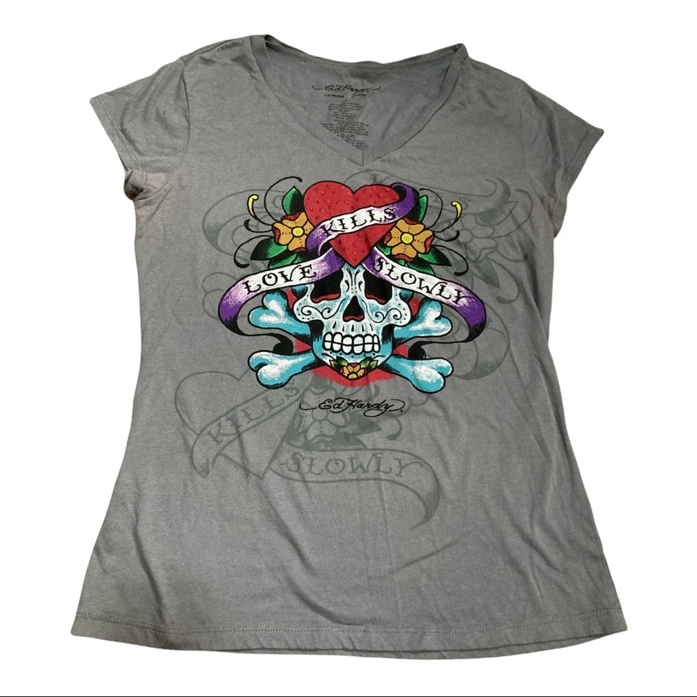 Ed Hardy gray V-neck cap sleeve T-shirt with love kill slowly-L